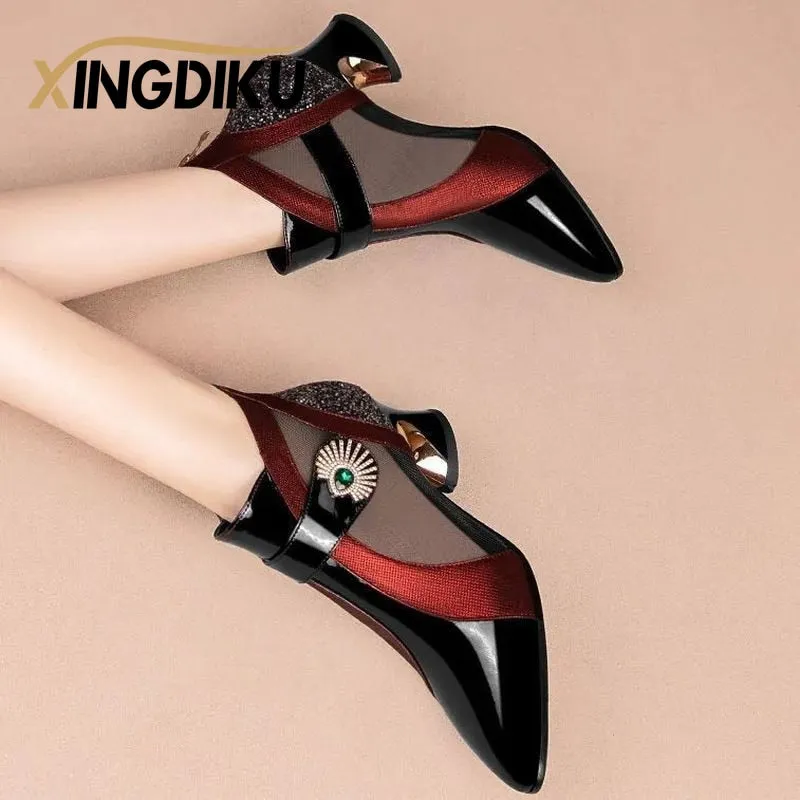 2022 Summer Mesh Breathable Sandals with Rhinestone Decoration Shaped Heels Retro British Style Sandals Leather Boots Women