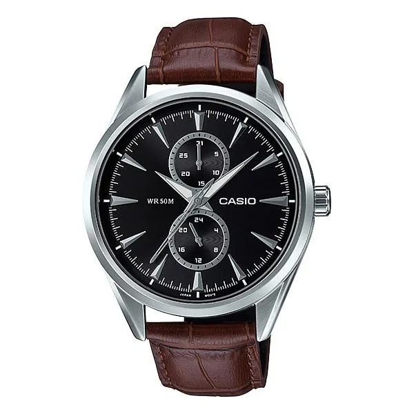 Casio Men's Multi-Hand Dark Brown Leather Band Watch MTPSW340L-1A MTP-SW340L-1A