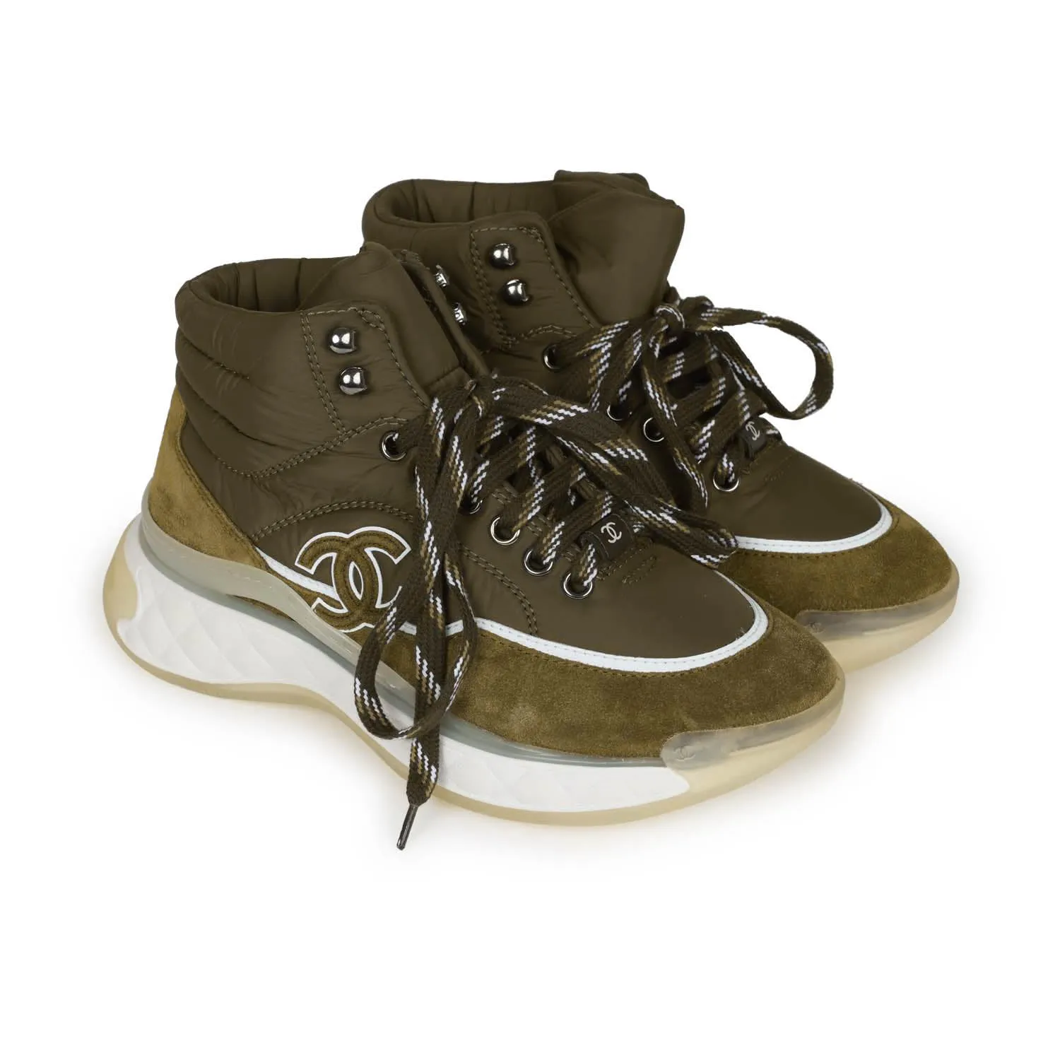 Chanel CC Hightop Winter Sneakers Olive Green Nylon and Suede 35