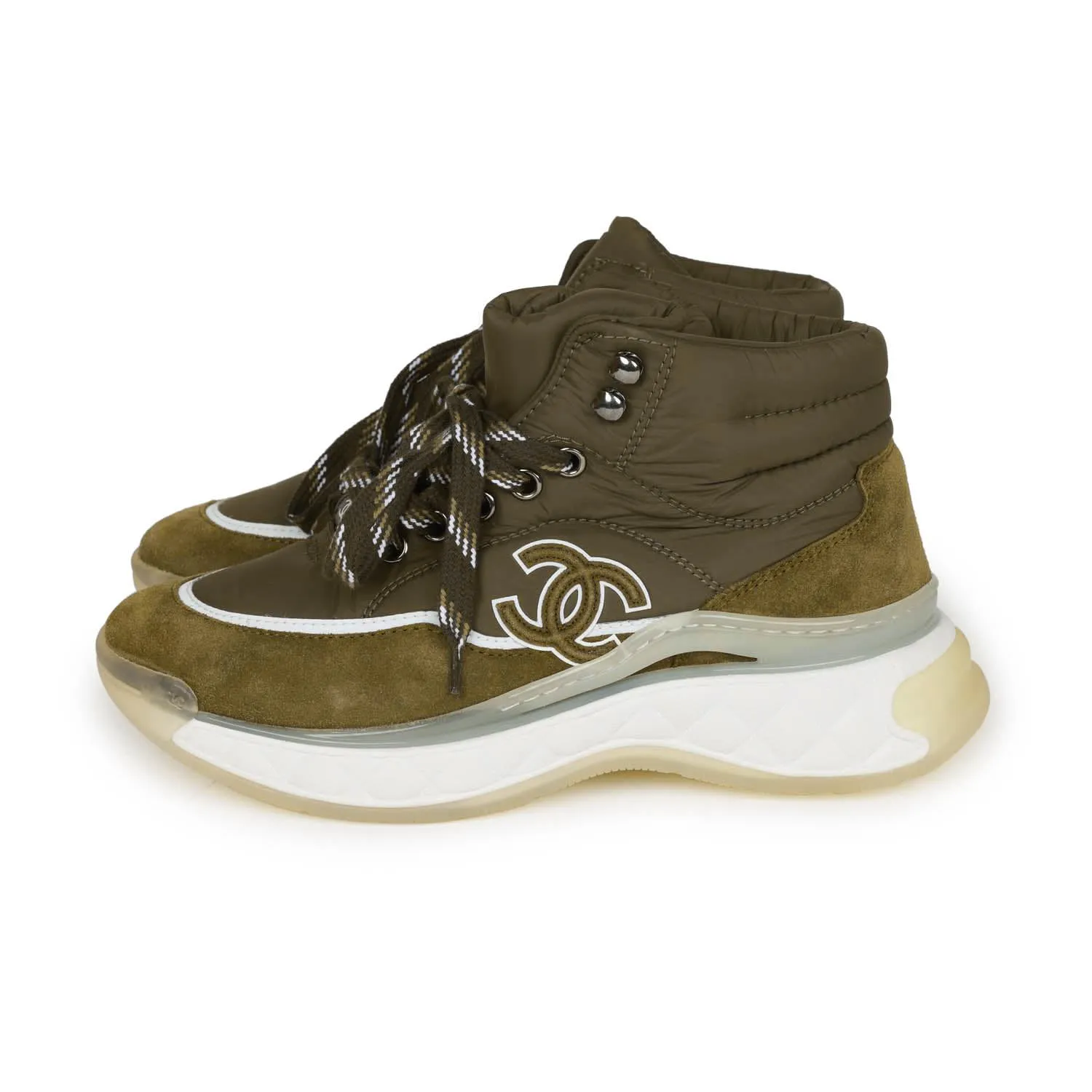 Chanel CC Hightop Winter Sneakers Olive Green Nylon and Suede 35