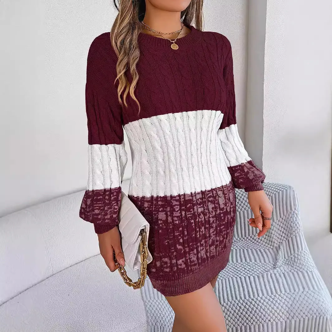 Comfy Autumn and Winter Fashionable Twisted Lantern Sleeve Sweater Dress