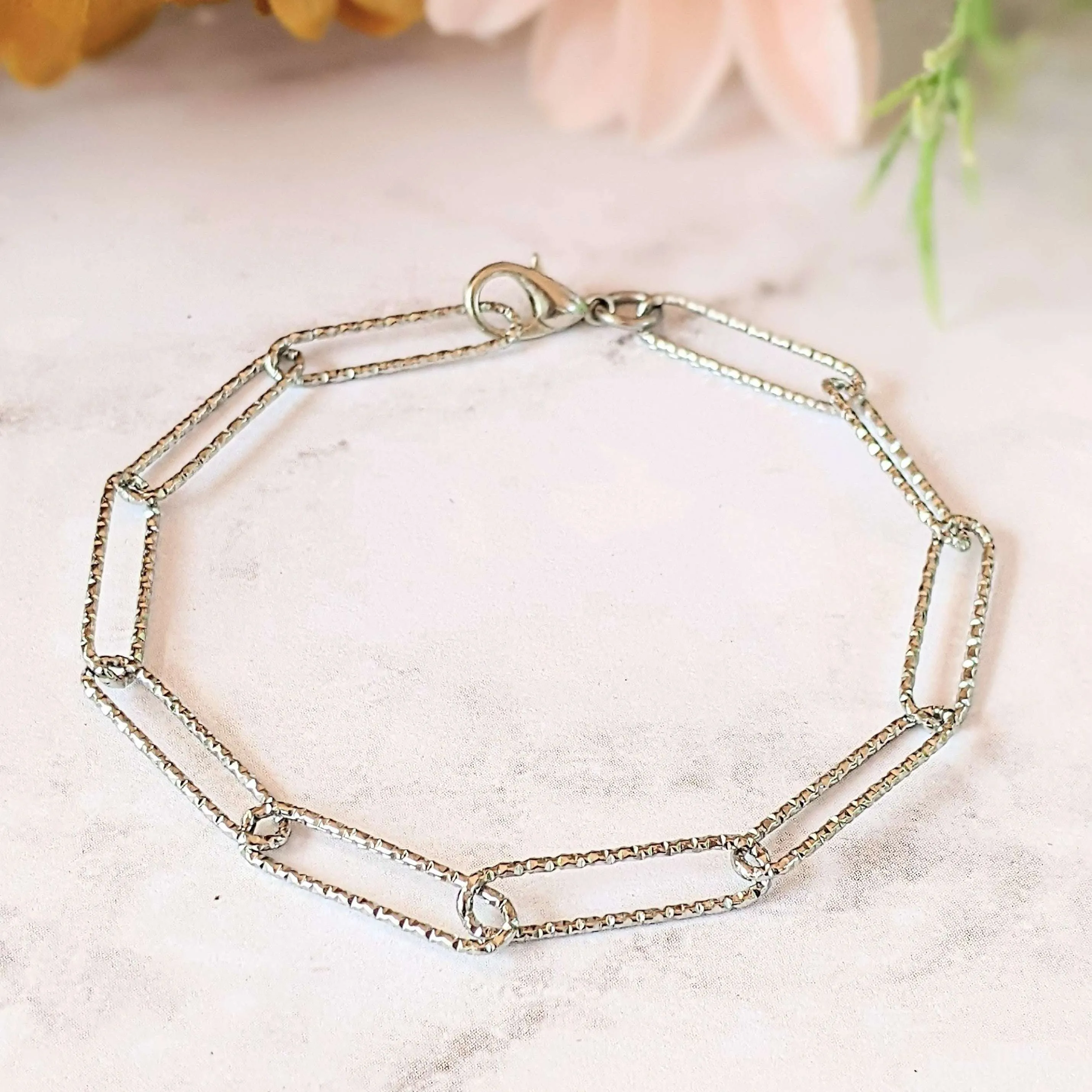 Diamond Cut Silver Paperclip Chain Bracelet