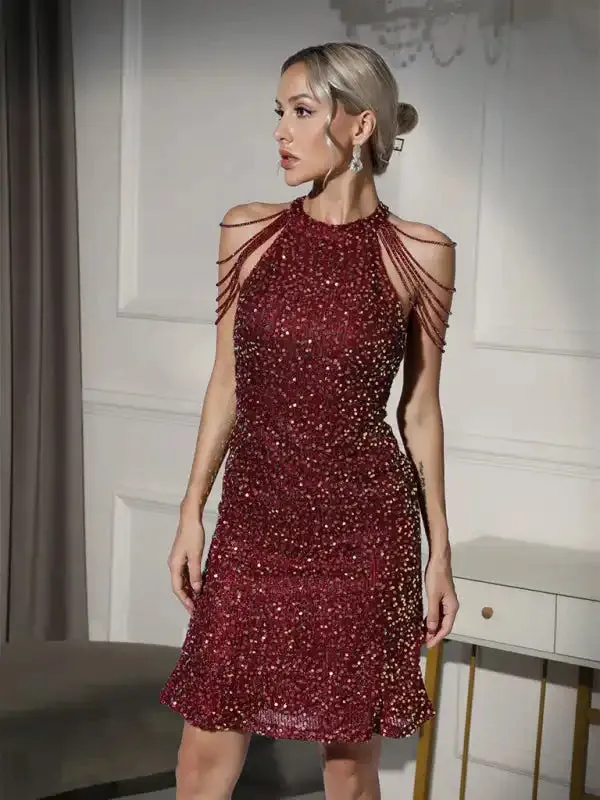 New fashionable halterneck sexy crystal tassel hip-hugging sequin dress mid-waist evening dress