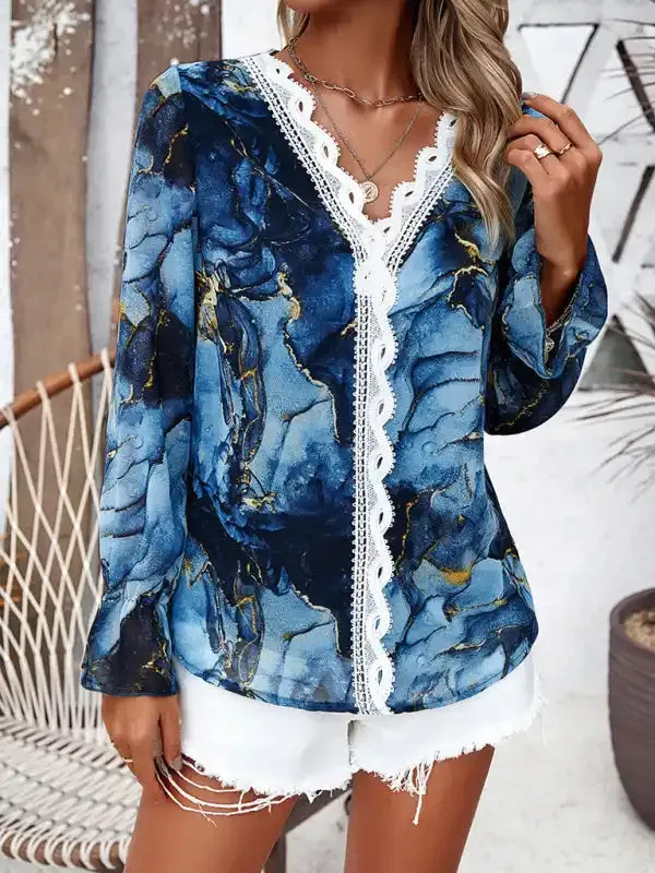 New fashionable women’s casual printed long-sleeved V-neck shirt