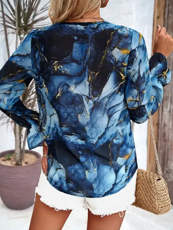 New fashionable women’s casual printed long-sleeved V-neck shirt