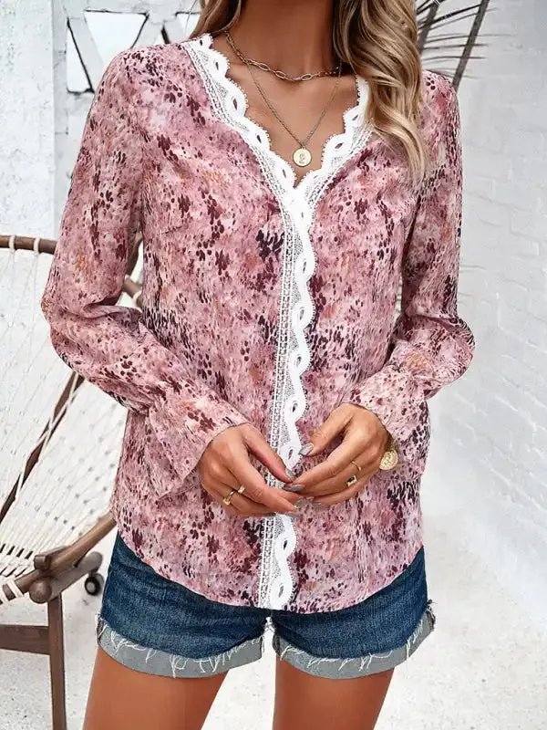 New fashionable women’s casual printed long-sleeved V-neck shirt