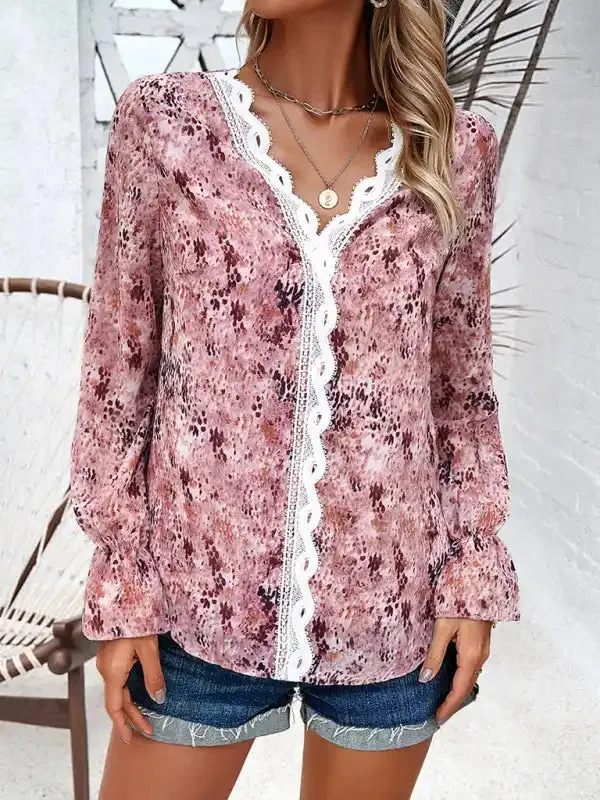 New fashionable women’s casual printed long-sleeved V-neck shirt