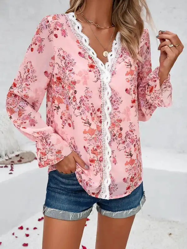 New fashionable women’s casual printed long-sleeved V-neck shirt