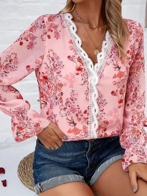 New fashionable women’s casual printed long-sleeved V-neck shirt