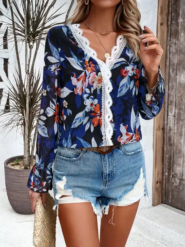 New fashionable women’s casual printed long-sleeved V-neck shirt