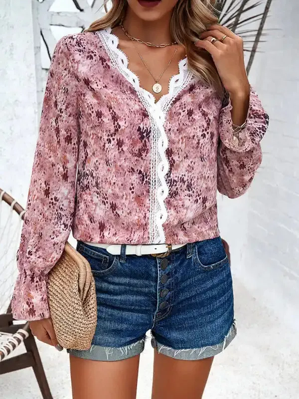 New fashionable women’s casual printed long-sleeved V-neck shirt