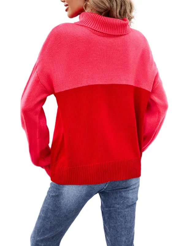 Women's new trendy contrasting color turtleneck pullover sweater