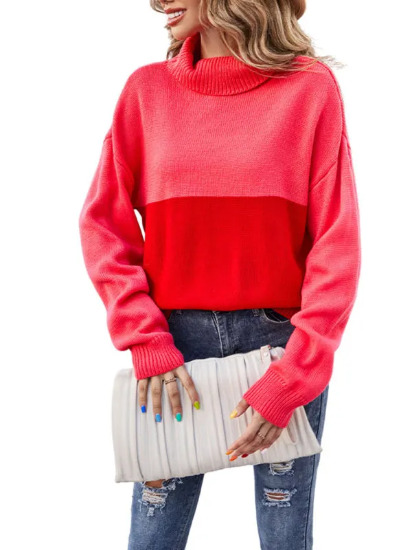 Women's new trendy contrasting color turtleneck pullover sweater