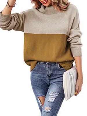 Women's new trendy contrasting color turtleneck pullover sweater