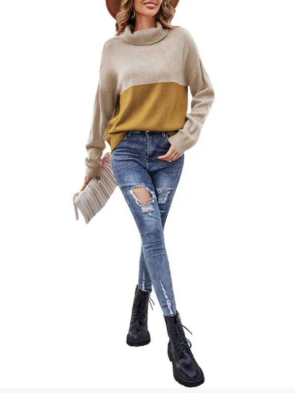 Women's new trendy contrasting color turtleneck pullover sweater